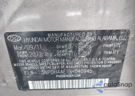 2011 Hyundai Elantra Limited from USA, damaged, VIN 5NPDH4AE1BH040945